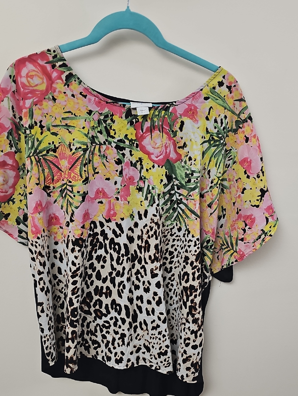 Jaclyn Smith Floral Leopard Mixed Print Blouse Pink Yellow Black Women XL